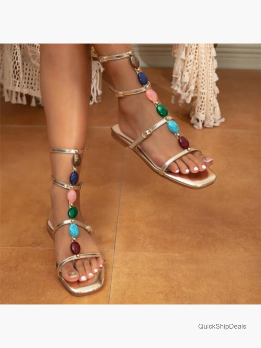 Faux Leather Gladiator Flat Sandals with Gemstone Embellishments T-Strap - Picture 7 of 7